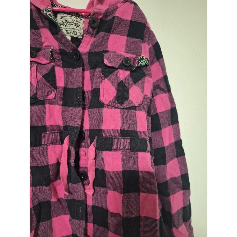 The Place Original 1989 Girls XL 14 Pink Black Plaid Hooded Flannel Shirt